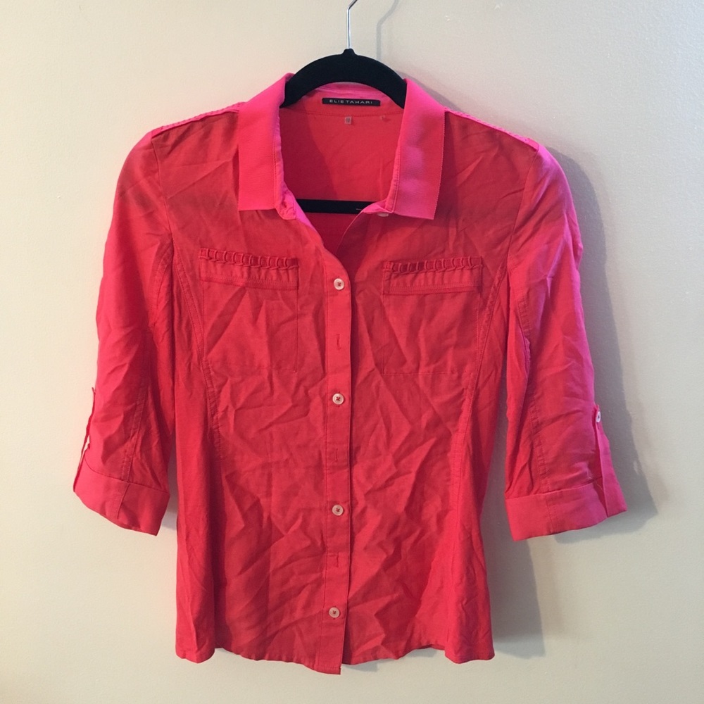 Red button down blouse by Elie Tahari